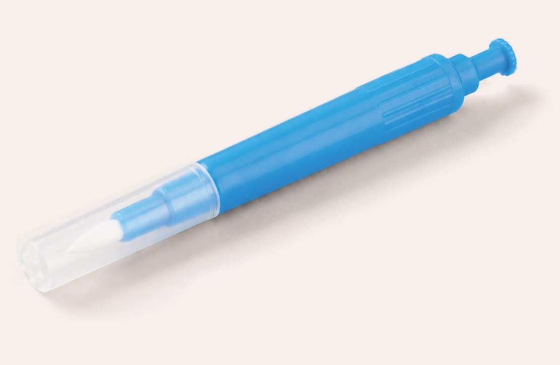 Complete blue locking push-release swab with transparent protective cover